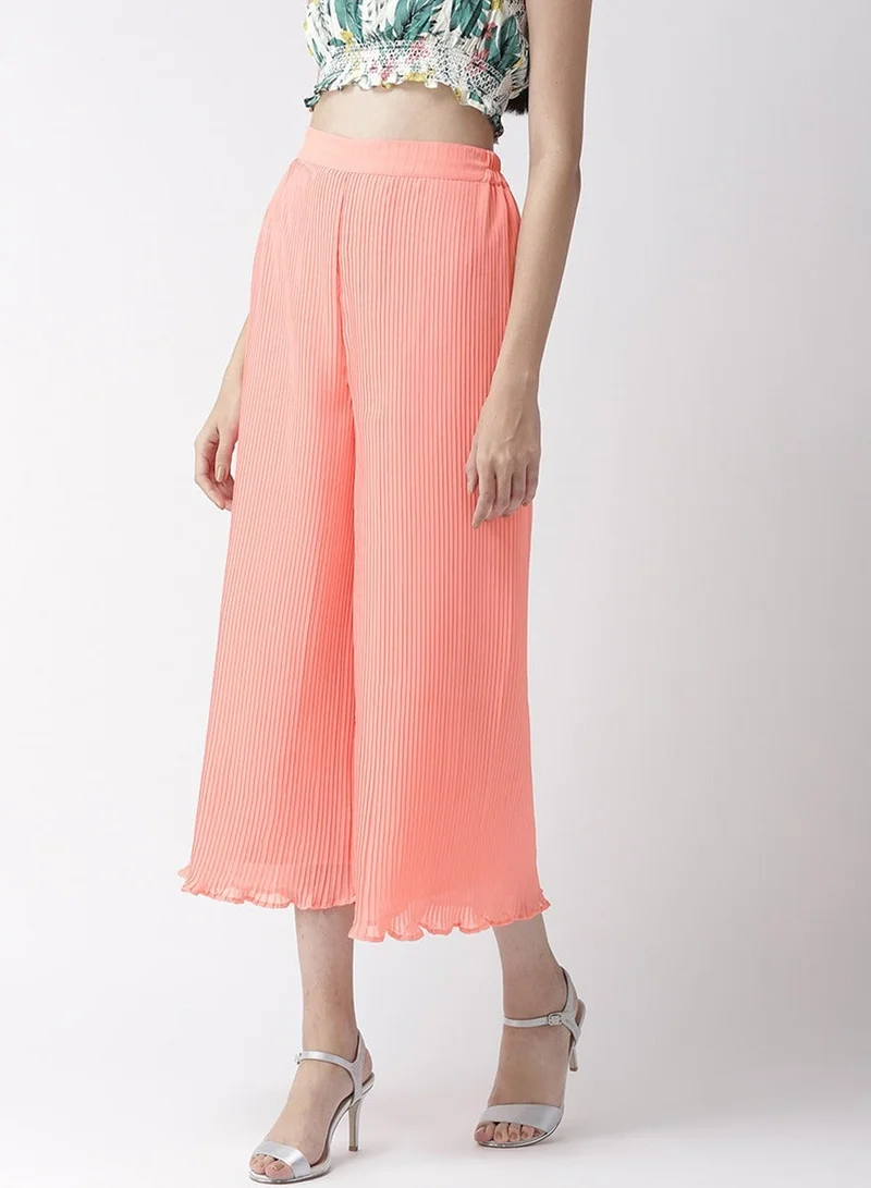 Mish  Women Peach Pleated Flared Trousers for Women | Best Price UAE
